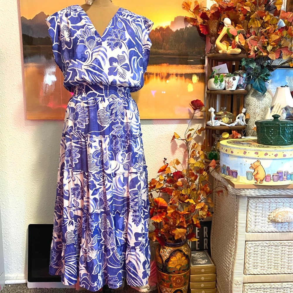 Cynthia Steffe Maxi Dress Boho Tropical Floral Women Tiered Smocked 1X Blue